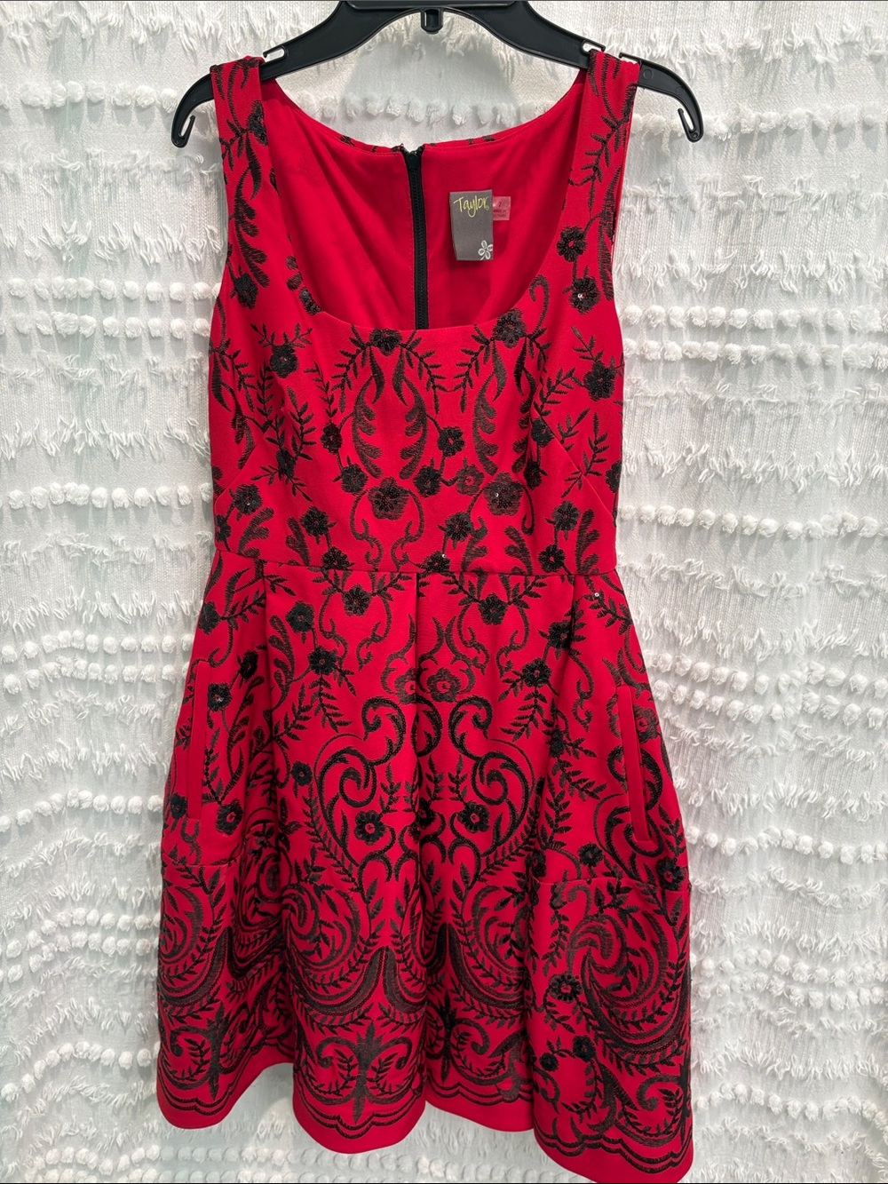 Taylor Red Dress with Black Floral Embroidery with sequins. Sz 2